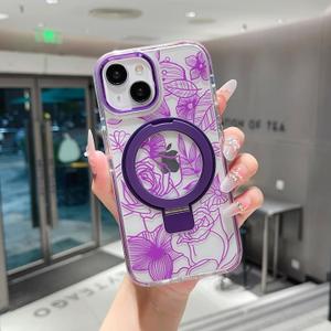 XIZYO Magnetic for iPhone 13 Case Floral Flower Cute [Compatible with MagSafe] Magnetic Ring Stand Clear Rose Women Girly Kickstand Shookproof Case 6.1 Inch-Purple