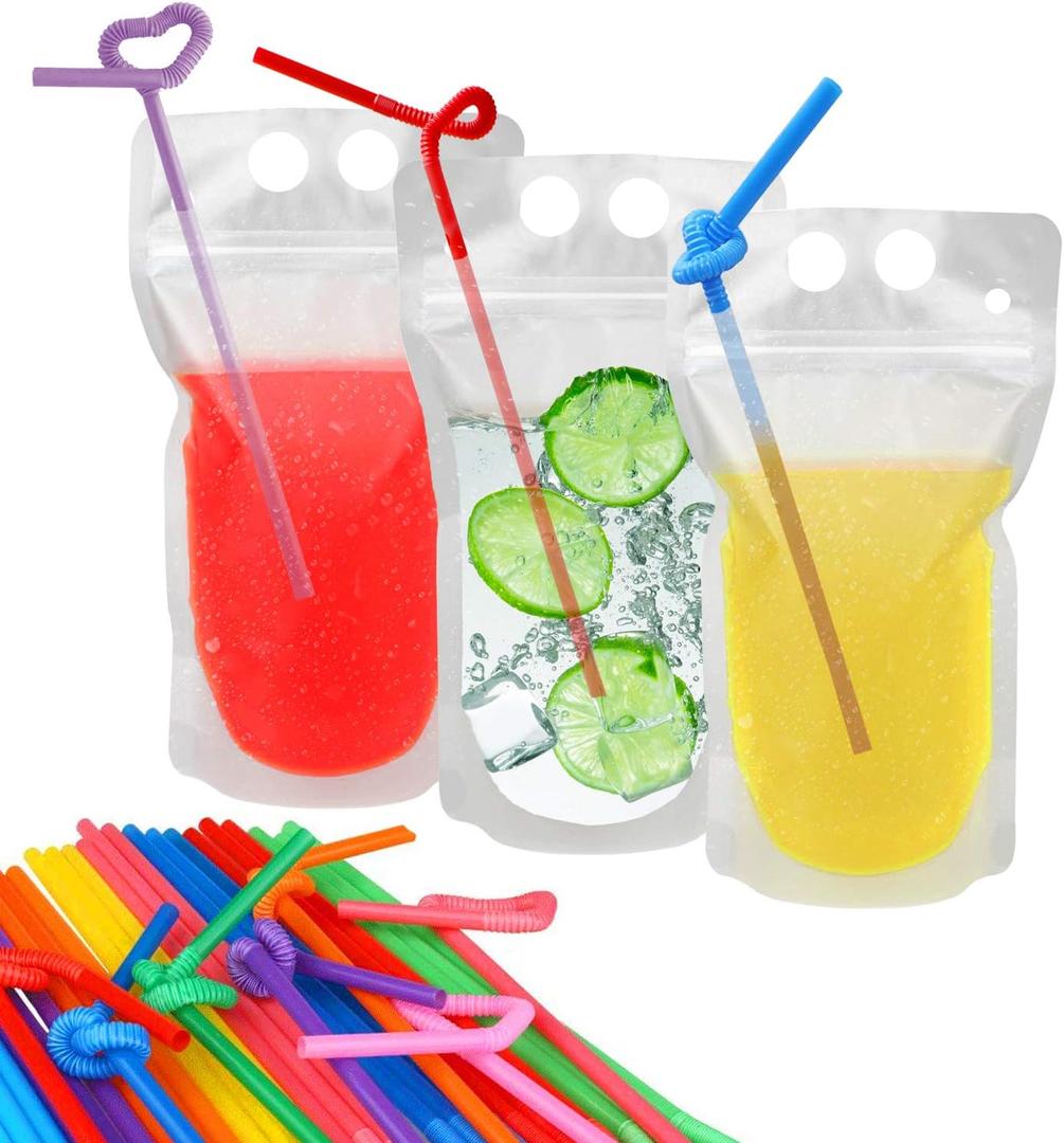 100 Pcs Drink Pouches with 100 Straw Holes, Freezable Juice Pouches, Translucent Reclosable Zipper Plastic Pouche Drink Bags for Cold & Hot Drinks for Adults and Kids