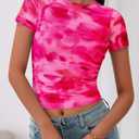 2 x BTFBM Womens Sheer Mesh Summer Tops 2025 Crewneck Short Sleeve Print Ruched Crop Top Slim Fit Club Going Out T Shirts (Pink, S)