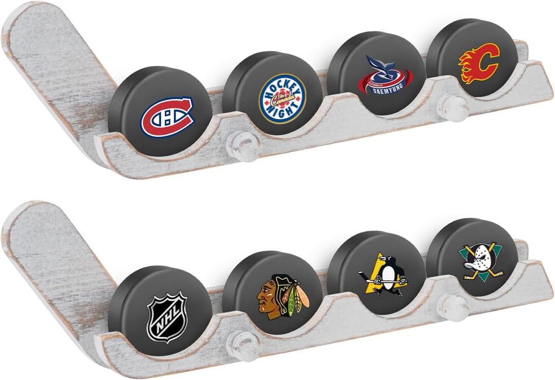 2 Pack Hockey Puck Display Cases - Wooden Ice Hockey Wall Mount Holder with Hook - Hockey Puck Holder Living Room Stick Decor Accessory for Player Team Gift - Oldwood
