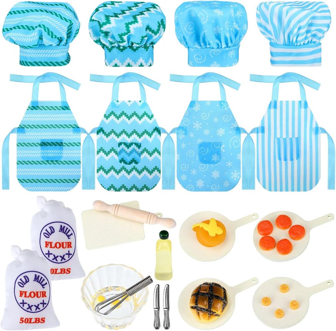 3 x Kajaia 30 Pcs Christmas Elf Outfits for Kids Xmas Kitchen Cooking Clothes Accessories Include Blue Baking Apron and Hat Mini Baking Props Set for Boys, Girls, Dollhouse, Christmas Clothes and Gift