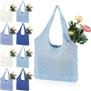 Mesh Beach Bag Crochet Tote Bag Straw Crochet Purses for Women Raffia Tote (Blue)