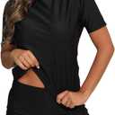 Halcurt Women Short Sleeve Two Piece Rash Guard Set UPF 50 Swim Shirt with Board Shorts (Medium, Solid Black Top + Solid Bottom)