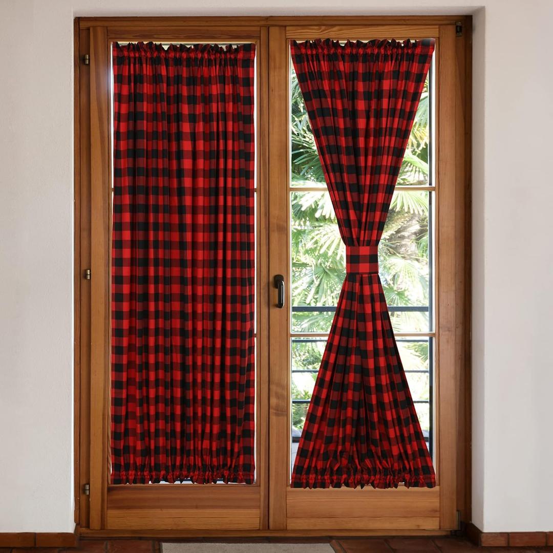 2 Pcs French Door Curtains with Bonus Tiebacks, Buffalo Plaid Sidelight Window Curtains, Red and Black, 25 x 72 Inch