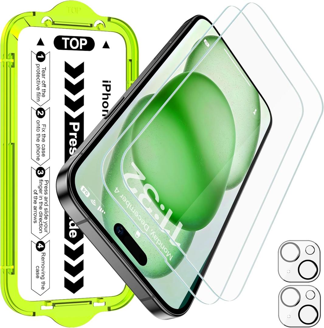 Esanik [2+2 Pack for iPhone 15 Tempered Glass Screen Protector & Camera Lens Cover - Military-Grade 9H Hardness, HD Clear, Anti-Scratch, Flawless Fit Tray