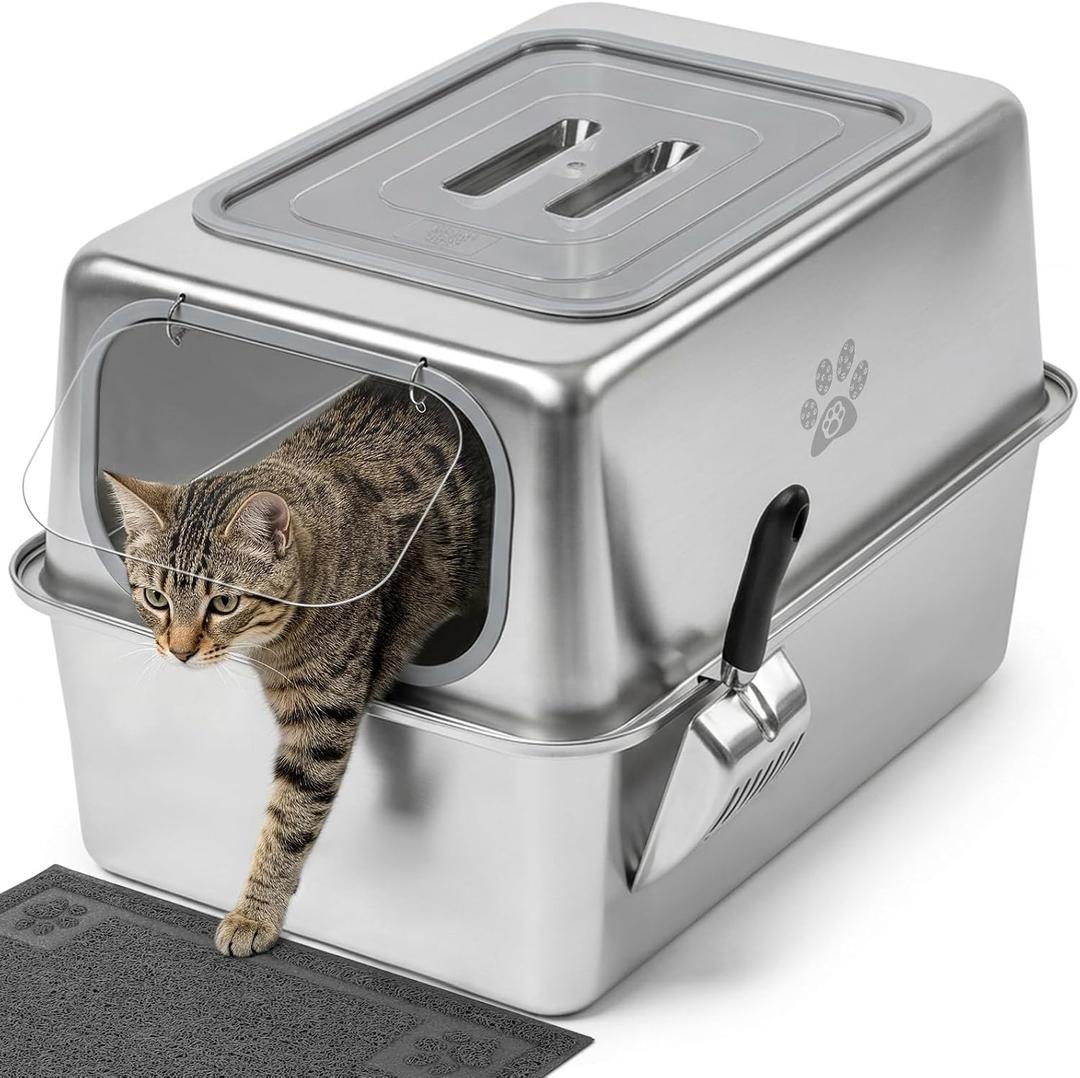 Ptlom Stainless Steel Litter Box with Lid, Leak-Proof Metal Cat Litter Box