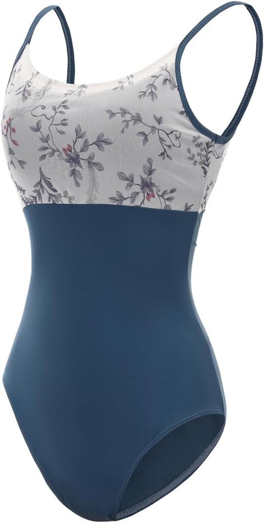 Women's Camisole Leotards for Ballet Girls Dance Costume (Ink Blue Flower), Small