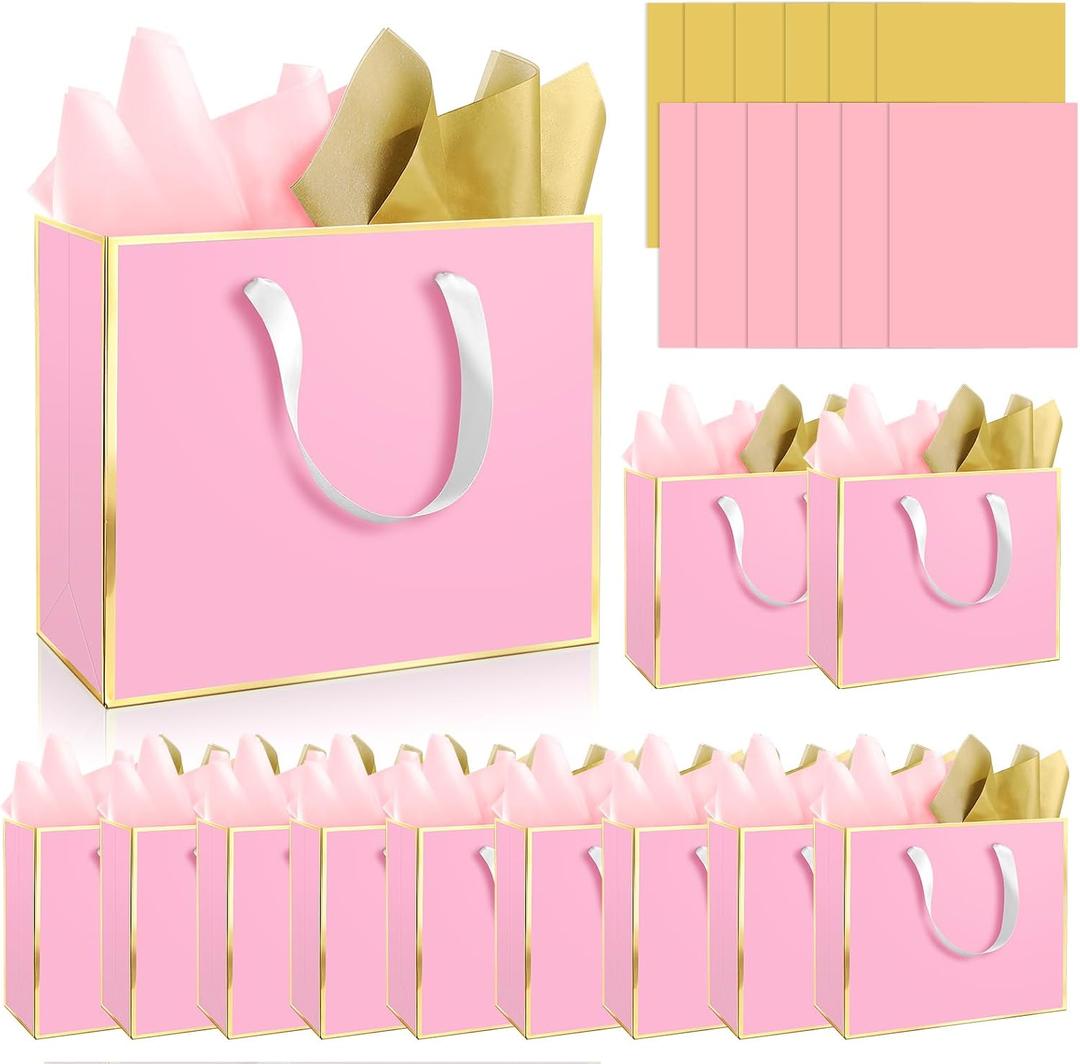 Epoesch 12 Pack Fancy Pink Gift Bags with Handles and 24 Tissue Paper, Medium Size11.8"x10"x4" Inch for Birthdays, Weddings, Party Shopping, Corporate Gifts, Easter, Mother's Day, Holiday (Pink Gold)