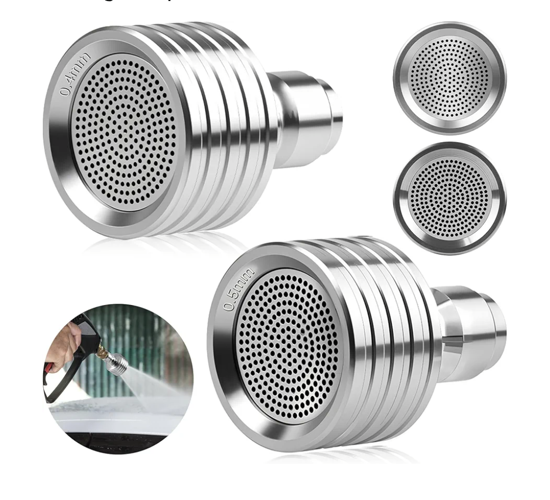 2 Pack 0.4mm/0.5mm Hole Pressure Washer Nozzles Stainless Steel Power Washer Tips Soft Rain Shower, 1/4” Male Quick Connect Sprinkler for Washing Car, Watering Garden, Silver