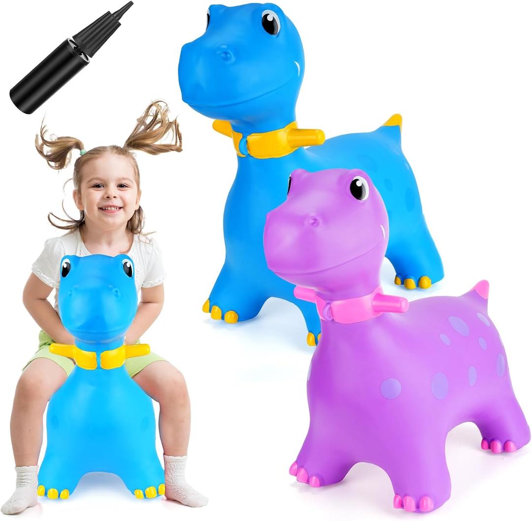 Leyndo 2 Pcs Dinosaur Bouncy Inflatable Ride on Bouncing Animal Jumping Toys with Pump Dinosaur Ride on Hopping Toys for 2 + Years Old Girls Boys