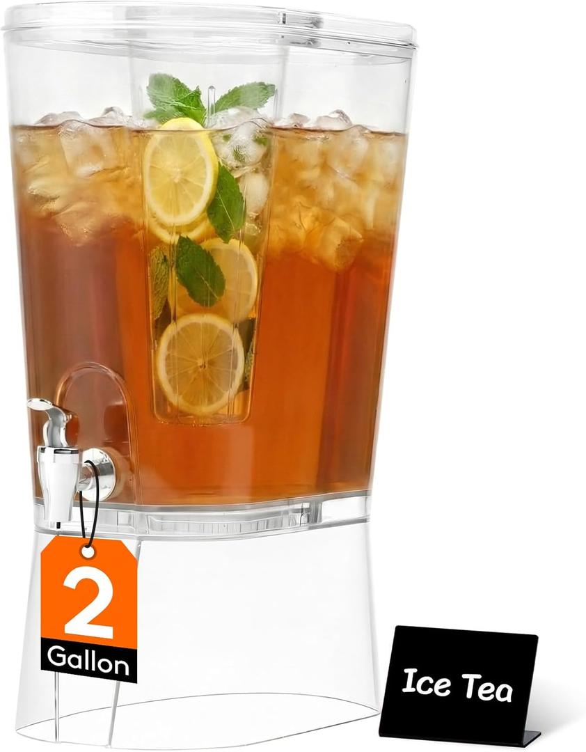 Lifewit 2 Gallon Drink Dispenser for Parties, Large Plastic Beverage Container for Juice/Tea/Soda with Stand & Ice Core, Clear Lemonade Dispenser with Spigot, BPA Free Water Pitcher for Hosting