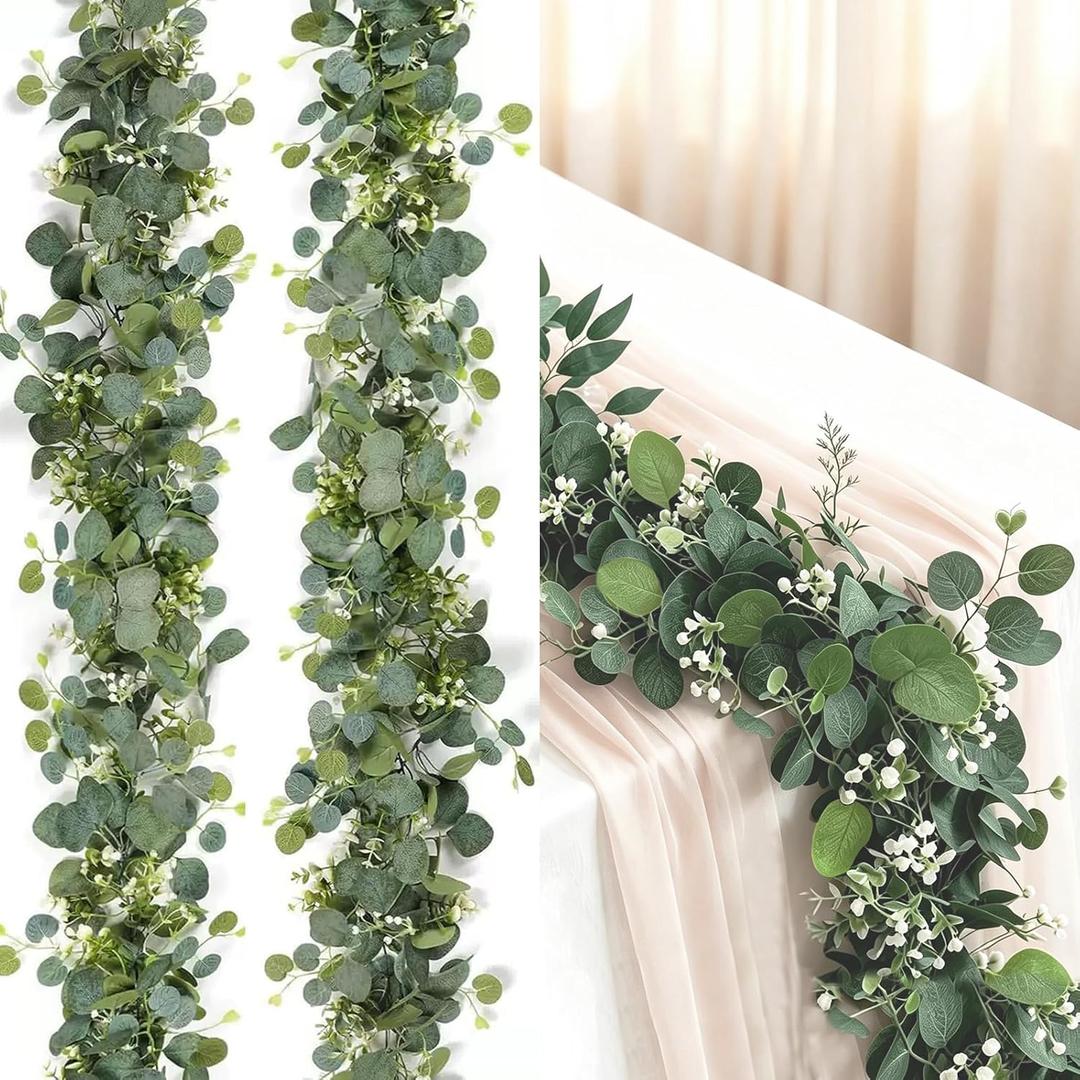 Delphinus 2 Pack Artificial Eucalyptus Garland | Fake Eucalyptus Leaves Vines, For Table Wedding Party, Indoor Outdoor Use, Arch Wall Mantle Room Decoration