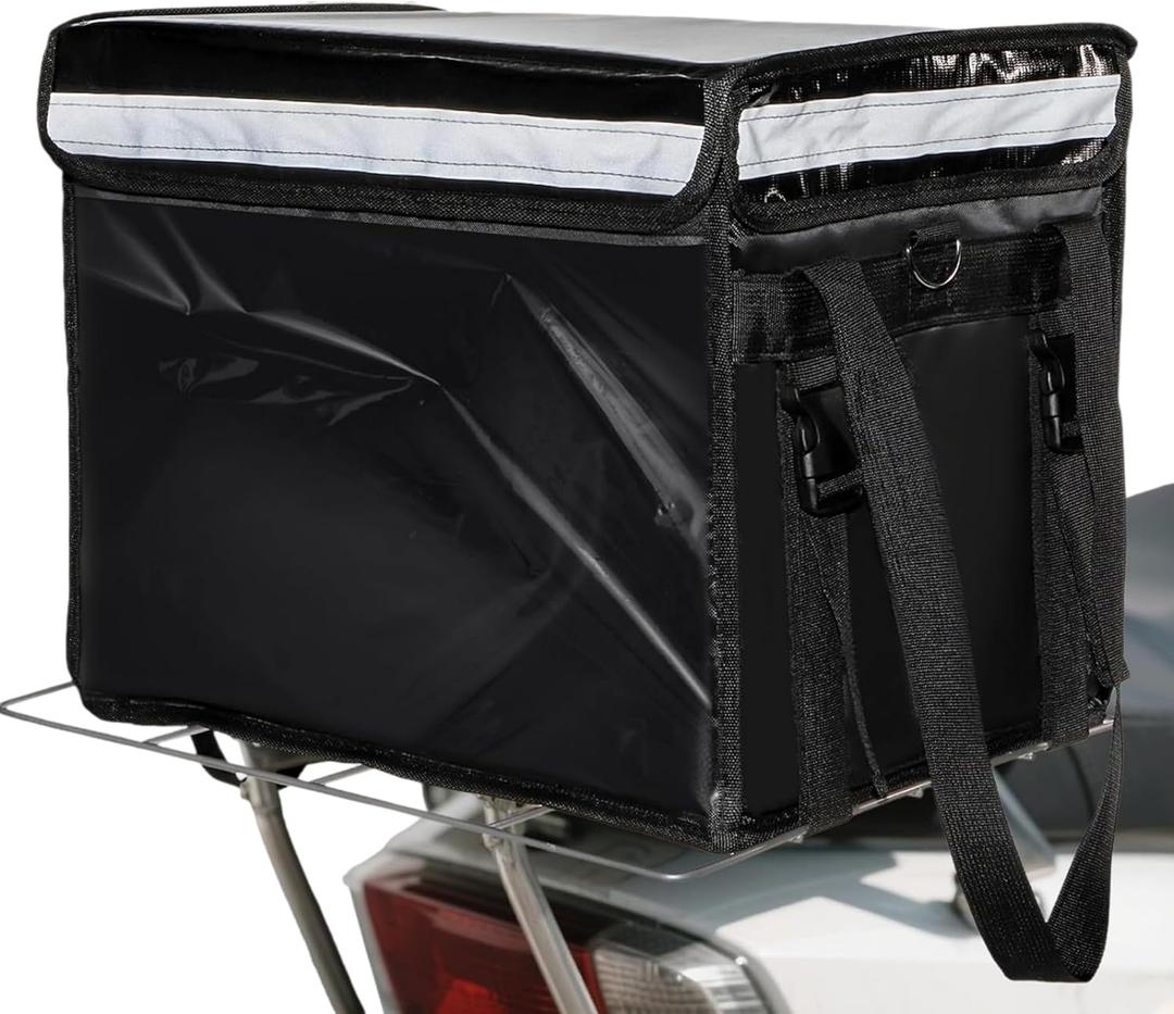 DEAYOU Insulated Food Delivery Bag for Bike, Pizza Delivery Bag with Divider and Rear Rack, Waterproof Thermal Catering Bag for Scooter, Motorcycle, 17.3"x12.6"x13.4", 48L Fit 12'' Pizza Box, Foldable