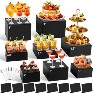 8Pcs Black Acrylic Buffet Risers with Mini Sign and Marker, Food Display Risers for Party Catering Dessert Jewelry, Acrylic Cube Nesting Boxes with Hollow Bottoms(9" 8.5" 8" 7.5" 6.8" 6" 5" 5")