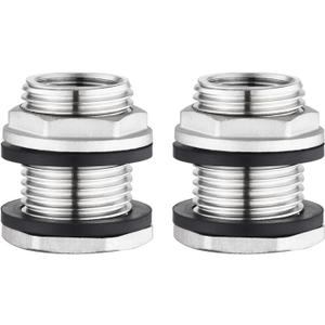Stainless Steel 304 Tank Bulkhead Fitting With 2 Rubber Ring,Double 1/2" Female NPT and 3/4" Male GHT (Garden Hose Threaded), 2 Pack