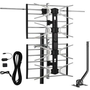 HDTV Digital Outdoor Antenna Amplified 150 Miles Long Range - UHF/VHF Signals/Hardware Mounting Pole/ 40 Feet RG6 Coaxial Cable/Easy Install