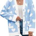 Saodimallsu Womens Oversized Heart Cardigan Color Block V Neck Button Long Sleeve Chunky Valentines Sweaters (Blue, L)