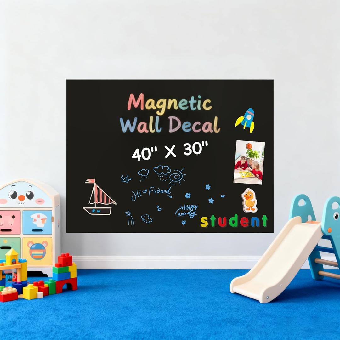 Magnetic Chalkboard Wall Decal : Large 40" X 30" Peel and Stick Adhesive Contact Paper for Kids Room Playroom Safe Educational Learning and Drawing Board (Black)