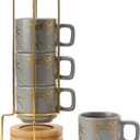 LUKA Porcelain Espresso Cup with Saucer and Metal Stand, 4 Ounce Stackable Ceramic Demitasse Espresso Mugs Cups Set for Latte, Specialty Coffee Drinks, Cafe Mocha,Tea - Set of 4, Gray