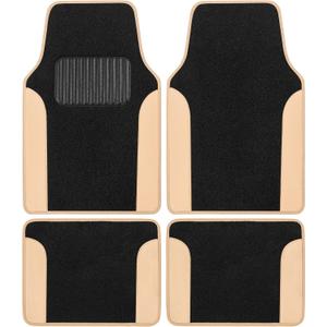 BDK Two-Tone Carpet Car Floor Mats with Faux Leather Accents, Automotive Floor Mat Set with Built-in Heel Pad, Stylish Interior Car Accessories (Beige)