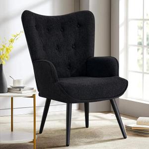 Furniliving Boucle Accent Chair for Living Room, Upholstered Reading Chair with High Backrest, Tufted-Button Wingback Armchair for Bedroom, Dressing Room, Home Office, Black (Set of 1)