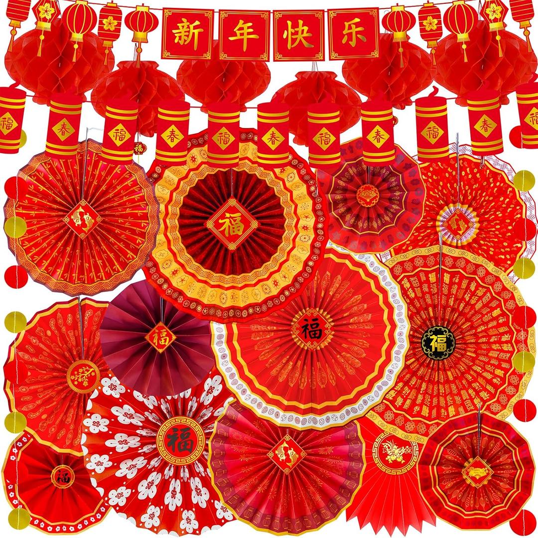 Winlyn 22 Pcs Bulk Chinese Lunar New Year Party Decorations Red Lanterns Oriental Hanging Good Luck Paper Fans New Year Banner for Asian Vietnamese TET The Year of Horse Festival Wedding 2026 Decor