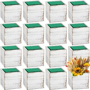 Dandat 18 Sets 4 Inch Wooden Cube Planter Boxes for Centerpiece Flower White Wood Rustic Square Vase with Removable Plastic Liner Floral Foam Block for Garden Wedding Home Arrangement Decor