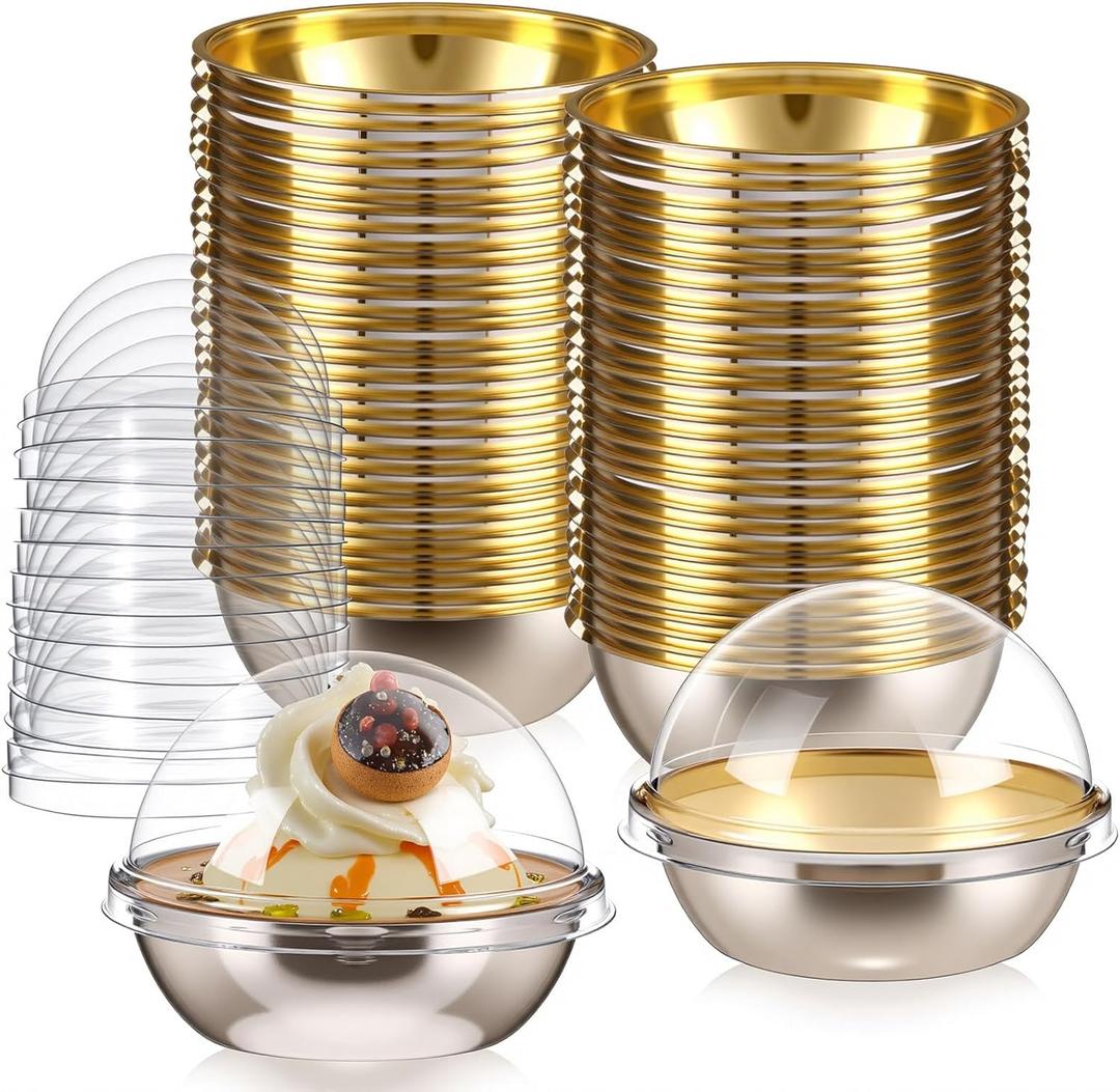 Potchen 100 Pcs Mini Cupcake Boxes Containers with Lids Brownie Cupcakes Mini Cake Containers with Clear Dome Lids for Desserts Cupcake Pans Cheesecake Cake Wedding Birthday Party Buffet, Gold