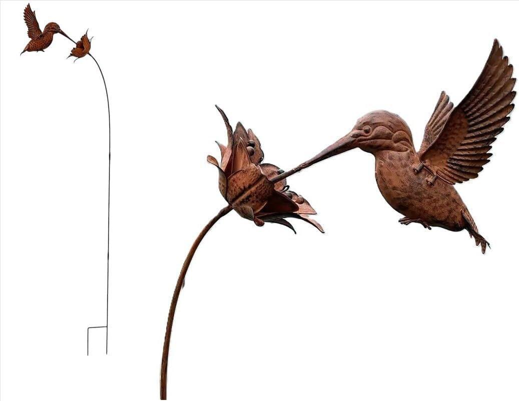 Rusty Metal Hummingbird Garden Stake, Large Size Realistic Lifelike Outdoor Yard Art Decor Sculpture