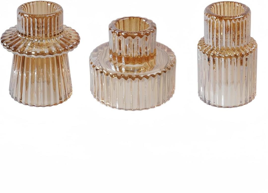 Double Sided Vintage Ribbed Taper Glass Candle Holders,Tea Candle Holder for Table Centerpieces, Wedding Decorations and Dinner Parties (Gold, 3 PCS)