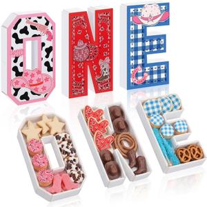 Yalikop 3 Pcs One Letter Fillable DIY Tray Food Box 10 Inch Charcuterie Board Letters Cardboard Serving Trays for Food 1st Birthday Anniversary Party Dessert Table Photo Props(Cowboy Theme)