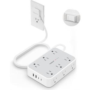 TESSAN Extension Cord 10 ft Surge Protector Power Strip, 12 Outlet Extender with 4 USB (2 USB C), 1800 Joules Protection, Flat Plug, Flat Extension Cord with Multiple Outlets, for Home, Office, Dorm (Grey)