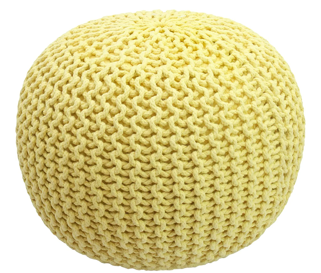 FRELISH DECOR Round Pouf Ottoman Hand Knitted 100% Cotton Pouf Foot Stool - Knitted Bean Bag - Floor Chair for Living Room Bedroom - Foot Rest for Couch (20 Diameter x 14 Height) - Yellow