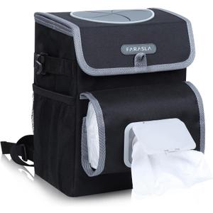 Farasla All-in-One Car Trash Can, Garbage Bag for Car with Removable Leakproof Interior Liner, Adjustable Tissue Holder & Straps(Black)