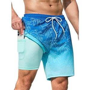 SILKWORLD Mens Swim Trunks Quick Dry Swimming Shorts with Compression Liner and Zipper Pockets, Size: L