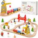 Tiny Land 55PCS Wooden Train Set - Compatible with Major Brand Tracks, Educational Toy for Toddlers & Kids Ages 3-7, Durable Wooden Railway Tracks