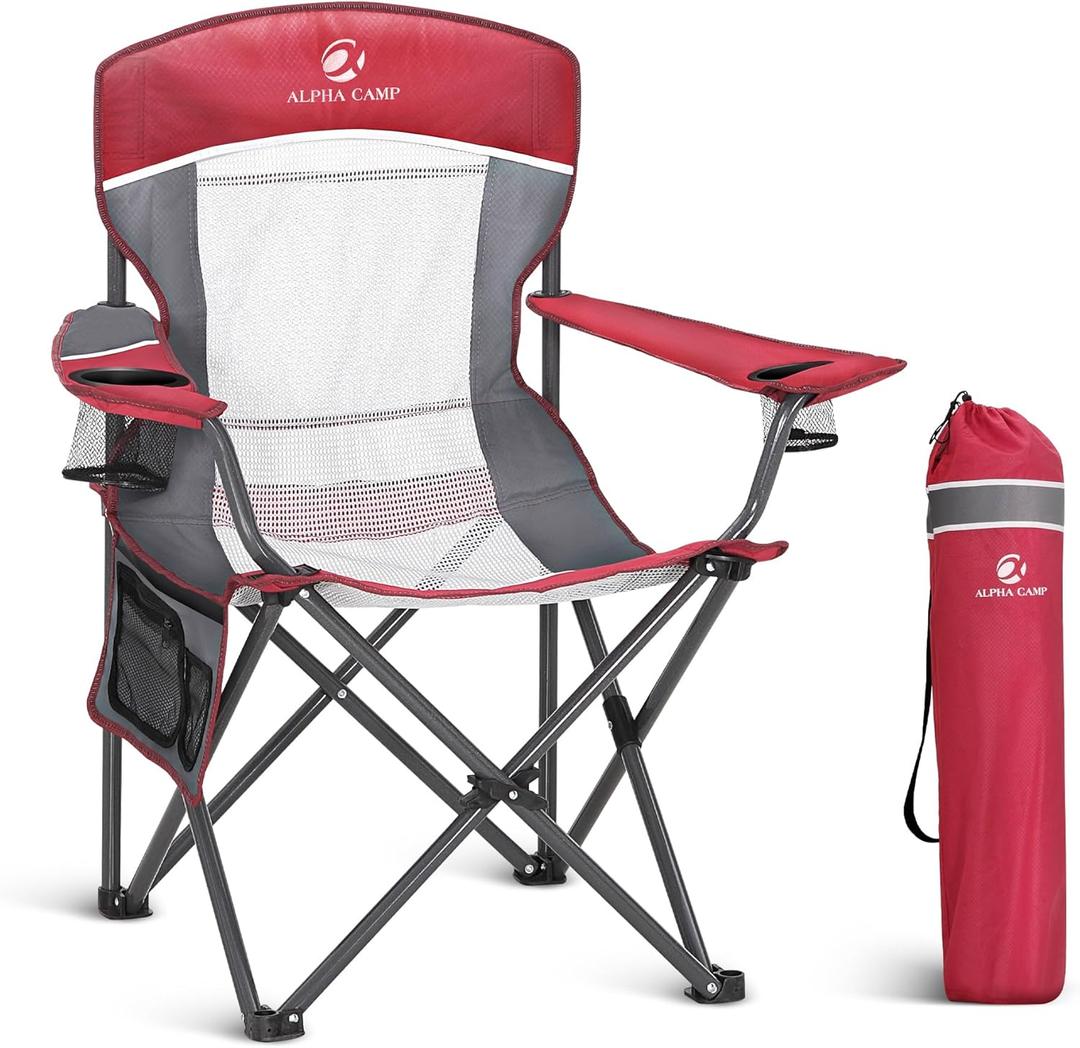 LET'S CAMP Mesh Back Camping Chair Portable Folding Heavy Duty Outdoor Chair Support 330 LBS Durable Large Arm Chair with Cup Holder and Carry Bag for Camp, Fishing, Hiking, Red (1 PC)