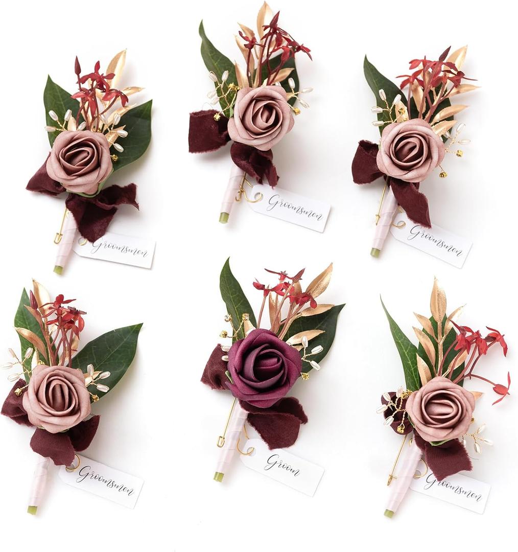 Ling's moment Boutonniere for Men, 6pcs Groom Groomsmen Boutonniere, Artificial Flowers for Wedding Decor/Prom/Homecoming, etc.Marsala Dusty Rose
