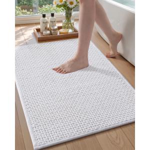 Color&Geometry Rubber Backed Waffle Bath Mat Non Slip Machine Washable Bathroom Rugs, Soft Absorbent Chenille Boho Carpet for Bathroom Floor, Tub and Shower, 17"x30", White