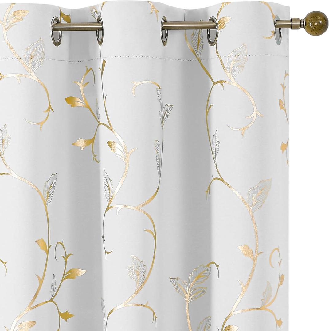 BUHUA Blackout Curtains Gold Foil Print Flower Vine Grommet Drapes, Room Darkening Thermal Insulated Curtains, Noise Reducing Blackout Curtain for Bedroom, Beige, 38Wx84L, 2 Panels