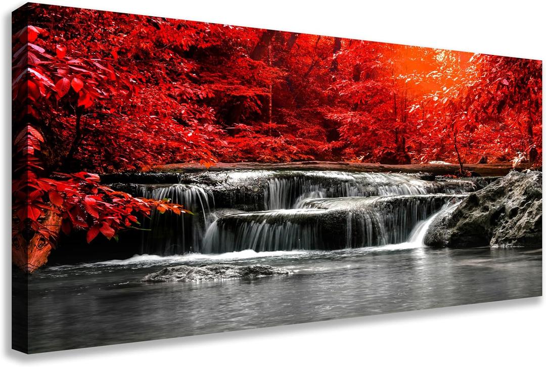 HUADAOART Large Red Waterfall Canvas Wall Art Flat Print Waterproof Fade-Resistant on Framed Canvas, Modern Landscape for Living Room Bedroom 30 x 58 Inch 1PCS, 45