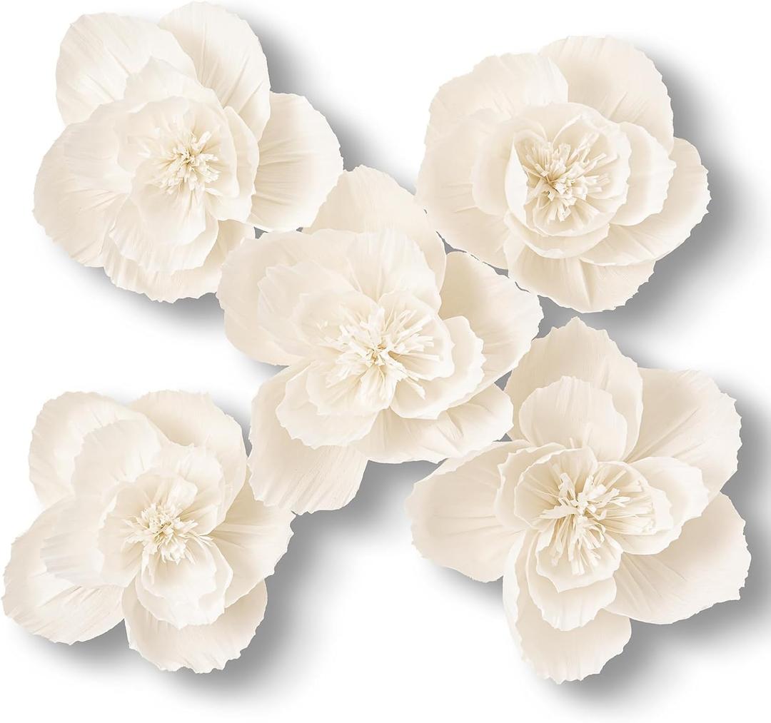 5 Pcs 3D Paper Flower Decoration for Party, Wedding Decoration, Background Wall, Nursery Room Decoration, Bridal Shower, Baby Shower (Pure White;set/5)