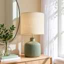Ceramic Table Lamp, 17.75" Natural Bedside Lamp with Beige Linen Shade, Warm Ambient Nightstand Lighting for Bedroom, Oliver Green
