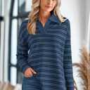 MASCOMODA Womens Sweaters Fall 2025 Oversized Striped Sweater Long Sleeve Polo V Neck Loose Side Slit Knitted Tunic Tops (Blue, XL)