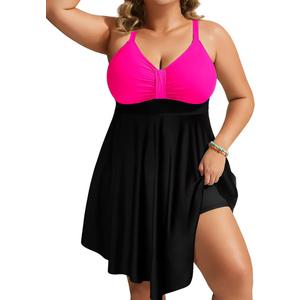 Hanna Nikole Womens Plus Size Swim Dress Swimsuit One Piece Tummy Control Bathing Suit Flowy Body Shaping Swimwear (Pink＆Black, Size 18W)