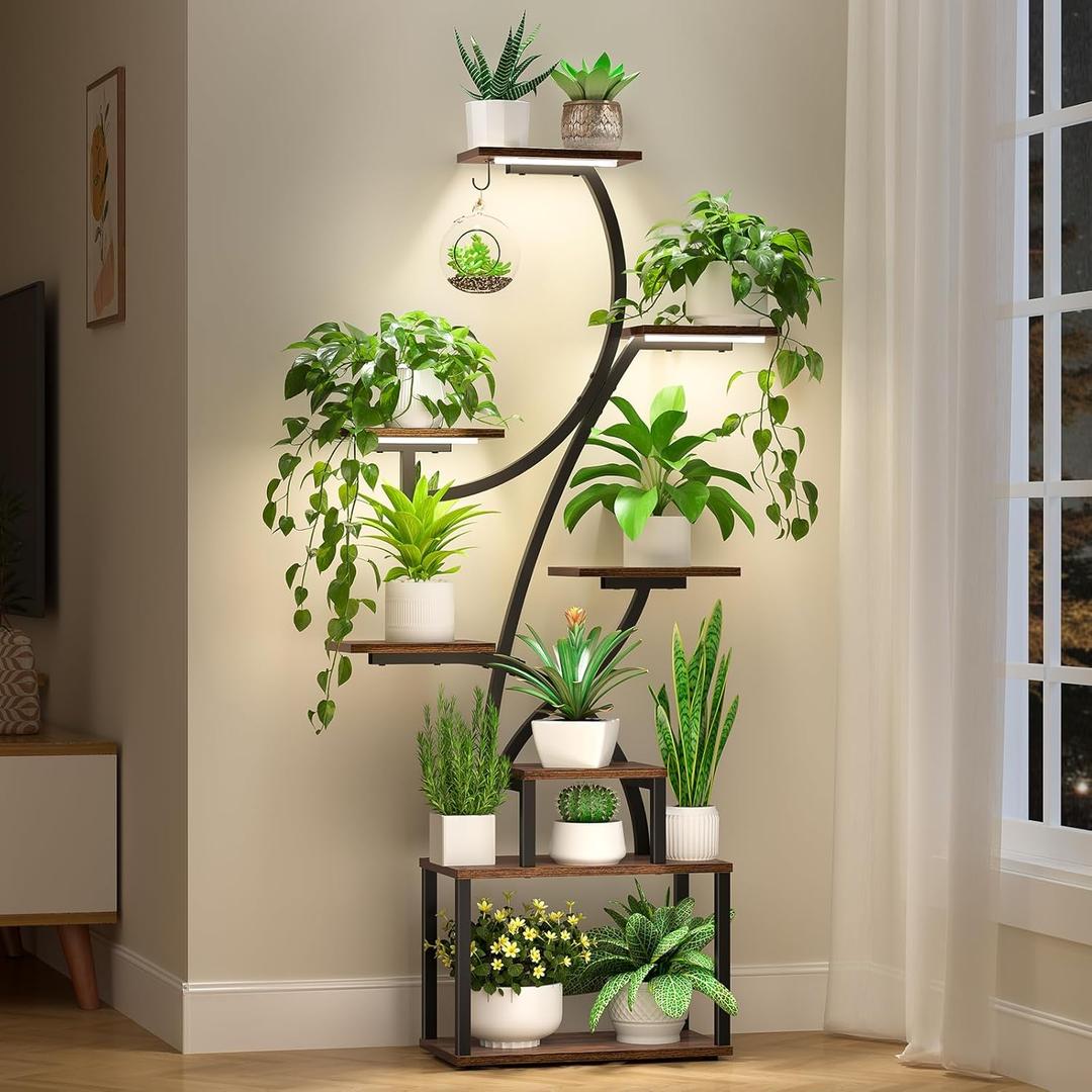 Uneedem Plant Stand Indoor with Grow Light, 8 Tiered Plant Shelf for Multiple Plants, 62" Tall Tree Shaped Metal Plant Rack Flower Holder for Room Corner Balcony Garden Patio