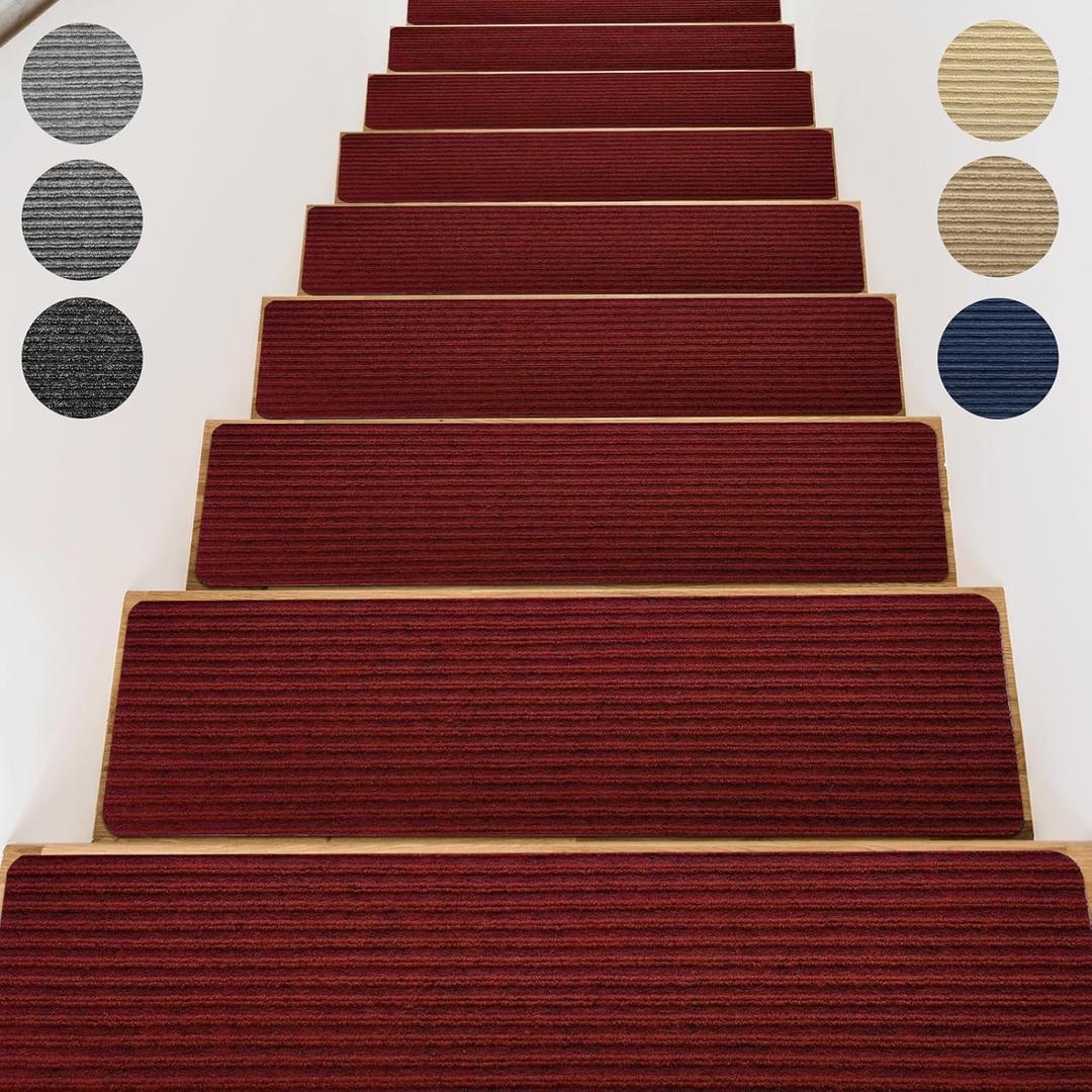 Stair Treads for Wooden Steps - Non Slip Stairs Carpet Tape Peel and Stick with Double Adhesive Tape Set of 15 Stripe- Dark red (15pc - 8" x 30"inch)