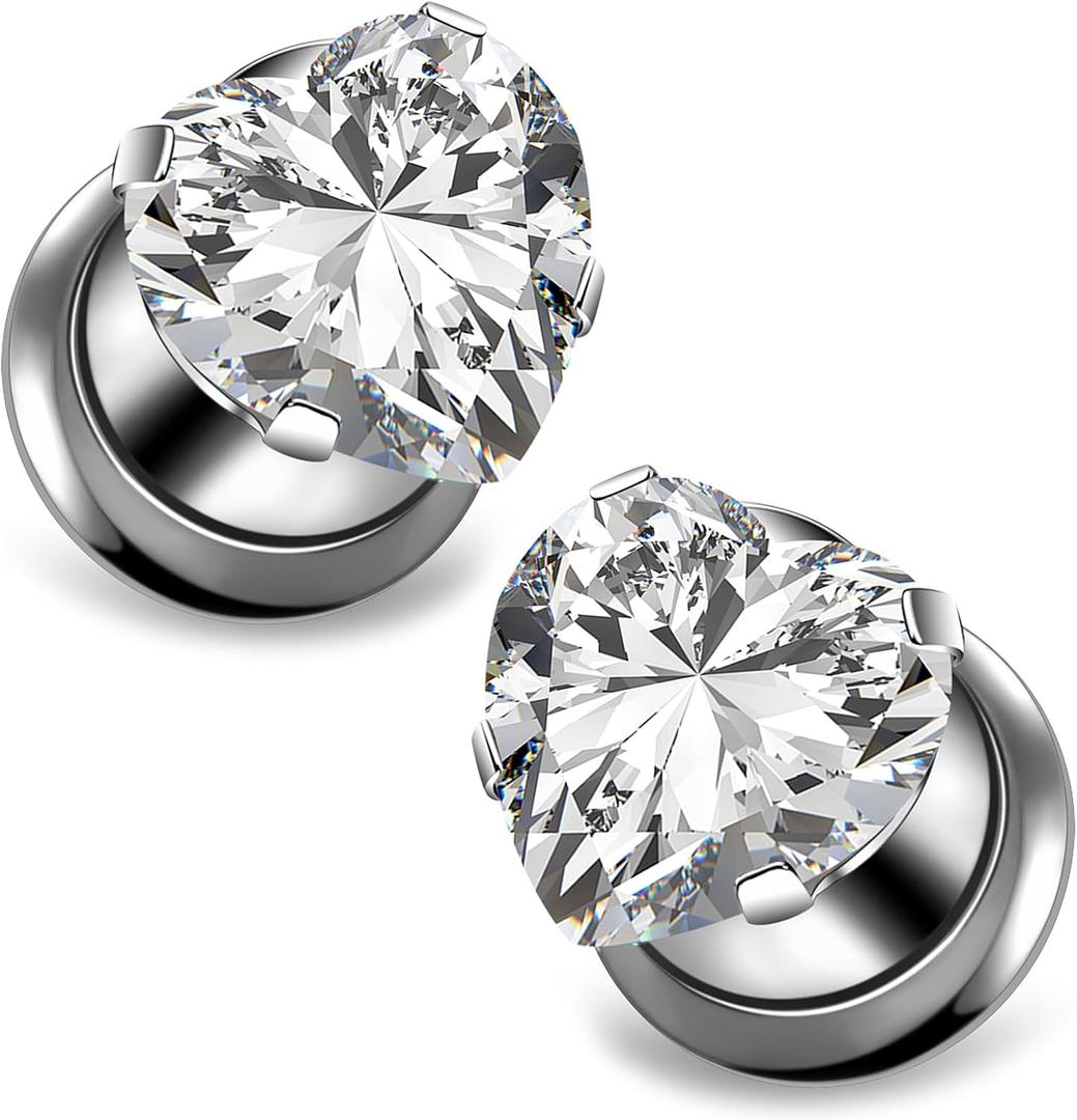 Ocptiy 10G-00G Astm F136 Titanium Gauges Tunnels for Ear Screw Fit Heart CZ Ear Gauges Tunnels Plug Earrings Expander Stretcher Piercing Jewelry for Women Men Silver Gold 1 Pairs (2 Gauge = 6mm = 1/4 inch, Titanium metallic color)