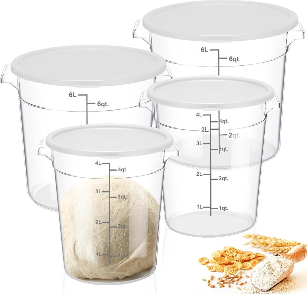 Suclain 4 Set 6 Quart 4 Qt Round Food Storage Containers with Lids Clear Proofing Container for Dough Bread with Scale Handle Home Restaurant Commercial Food Storage(White)