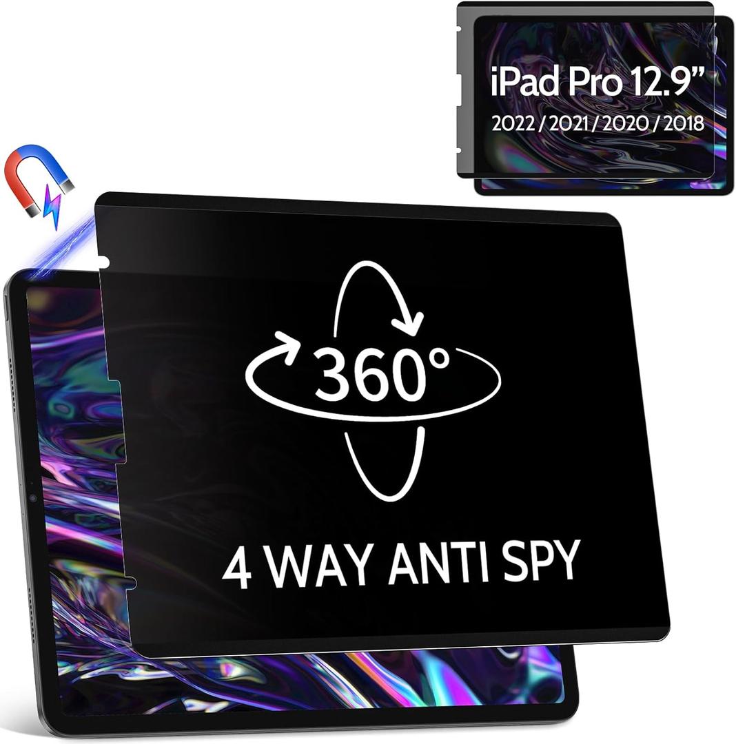 360 Magnetic Privacy Screen for iPad Pro 12.9 Inch 2018 2020 2021 2022, 4 Way Privacy Removable Anti Glare Blue Light Filter Shield Film Anti Spy Protector